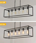 6 Light Rectangle Black Pendant Chandelier With Adjustable Stems showing on and off modes, open bulb design.