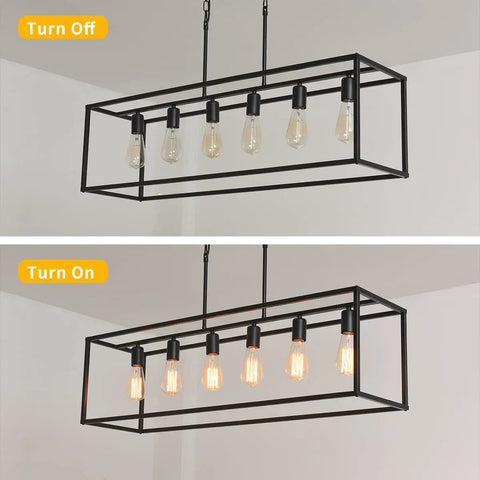 6 Light Rectangle Black Pendant Chandelier With Adjustable Stems showing on and off modes, open bulb design.