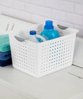 Deep Ultra Open Top Plastic Storage Baskets Six Pack White for counters with easy grab handles in laundry room