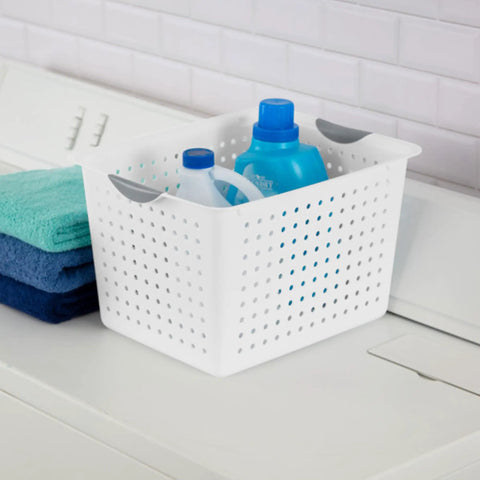 Deep Ultra Open Top Plastic Storage Baskets Six Pack White for counters with easy grab handles in laundry room