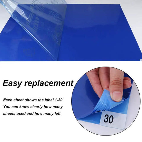 Sticky Mats For Clean Rooms Blue 24 By 36 Inches Walk Off Tacky Mats For Construction Home Lab Pet Garage Warehouse Floors 4 Pads With 30 Sheets Each Includes. Image showing close-up of blue tacky mat being peeled off.