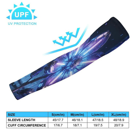 Ice Silk Arm Sleeves With Upf 50 Sun Protection And Cooling Compression To Keep You Chill During Backyard Hangouts Weekend Drives And Summer Workouts Without Breaking A Sweat For Men And Women, featuring UPF label and size chart.