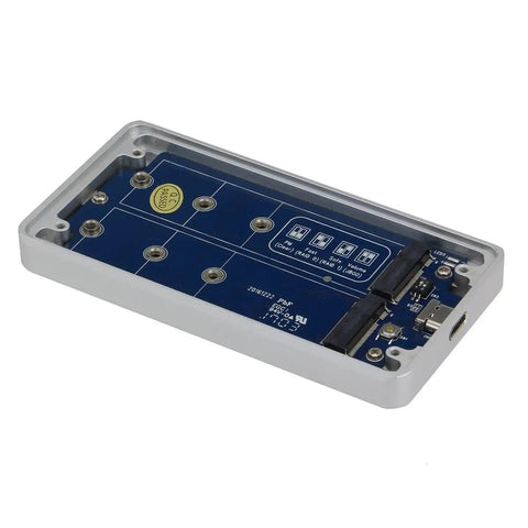 Dual M2 NGFF Raid Enclosure For Sata Iii Drives Featuring Usb Three Point One Type C Port and Ten Gbps Lightning Fast Transfer Speeds shown in aluminum casing.