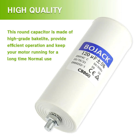 CBB60 120uF Capacitor 250V 50 60Hz Round Run Start AC Motor Capacitor with nut and label showing specifications