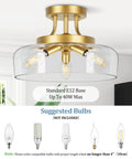 Gold 3 Light Semi Flush Mount Ceiling Light With Drum Glass Shade For Living Room Kitchen Bedroom Hallway Bathroom Laundry E12 Socket Bulbs Not Included shown mounted on ceiling