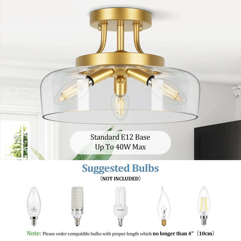 Gold 3 Light Semi Flush Mount Ceiling Light With Drum Glass Shade For Living Room Kitchen Bedroom Hallway Bathroom Laundry E12 Socket Bulbs Not Included shown mounted on ceiling
