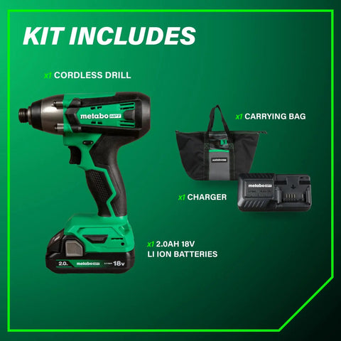 18V Cordless Impact Driver Kit With One Quarter Inch Chuck And Fuel Gauge Battery Delivers 1328 Inch Pounds Torque, Beast Mode Power, 2400 RPM, 3200 IPM, Lightweight 2.2 Pounds, Pro Grade Power For Hard Jobs, MultiVolt Ready, Lifetime Tool Warranty includes cordless drill, charger, carrying bag, and 2.0Ah battery
