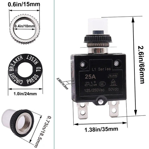 Heavy Duty 2 Pack 25 Amp Thermal Circuit Breakers With Push Button Manual Reset Rated For 125 To 250 Volt Ac and dimensions showing installation details.