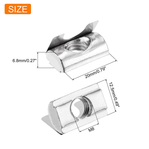 Heavy Duty M8 Roll In Spring T Nuts 20 Pcs Nickel Plated Carbon Steel For 3030 4040 Aluminum Extrusion Profile showing dimensions.