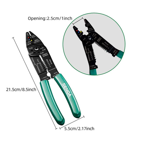 All In One 8 Inch Wire Stripper And Crimp Tool For 8 To 22 AWG Solid And Stranded Wire with ergonomic green handles