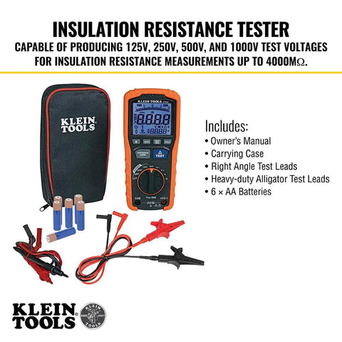 ET600 Multimeter Megohmmeter Insulation Tester with case, leads, manual, batteries, measures up to 4000 MΩ at 125-1000V DC/AC.