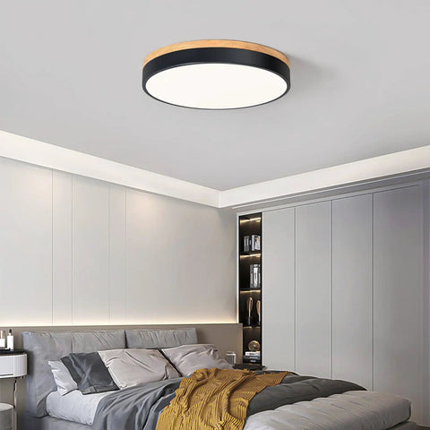 Modern Wood LED Ceiling Light Fixture With Gray Flush Mount Round Ceiling Lamp Non Dimmable 4000K Bright White Light in bedroom