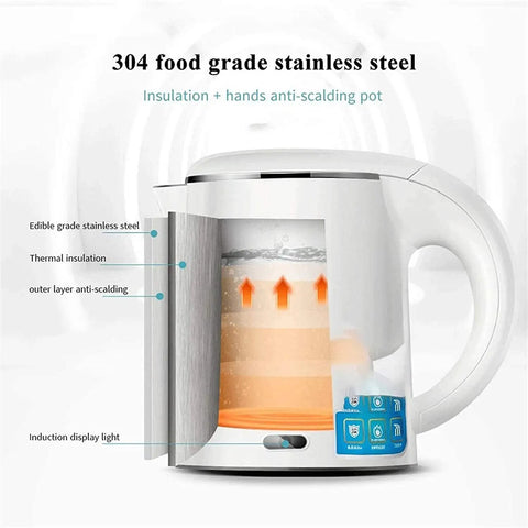 Inside view of stainless steel water dispenser with insulation layers, induction display light, focus on anti-scald design features.