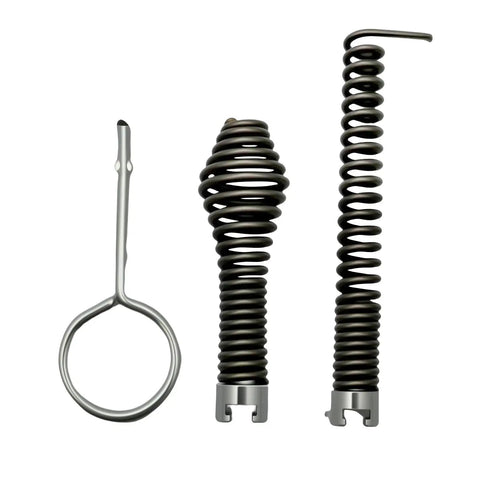 Professional Grade 10 Piece Heavy Duty Drain Snake Drill Attachment And Auger Tool Kit parts including spiral cables and connection tool.