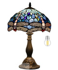 Tiffany Style Dragonfly Blue Stained Glass Table Lamp For Desk And Bedside Reading Light With Antique Green Bronze Base