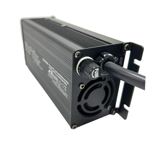 Plug And Play 24V 15 Amp Automatic Battery Charger with Anderson SB50 red connector and cooling fan for industrial use.