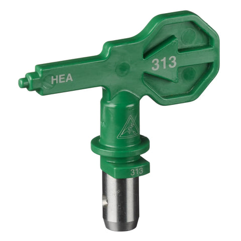 High Efficiency Airless 313 Reversible Spray Tip for Sealers and Stains, showing green nozzle with 6 to 8 inch coverage for decks and fences