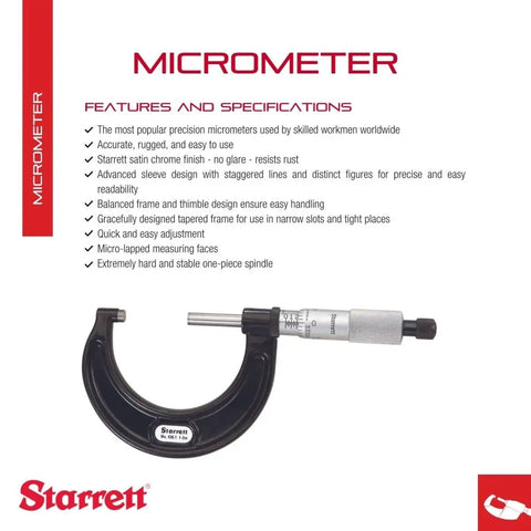 Outside Micrometer With One-Piece Spindle And Tapered Frame, Satin Chrome Finish, Quick Adjustment, 1-2 Inch Range,.0001 Inch Graduation