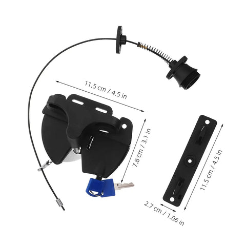 INOOMP 1Set Gate Lock for Outdoor Fence, 2-Sided Self-Locking Latch w Key shown from the side with dimensions and key detail.