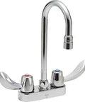 Commercial Wall Mount Gooseneck Chrome Faucet with Vandal Resistant Blade Handles, Standard Flow Aerator shown in close-up.