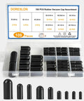 Front view of rubber vacuum cap set, 108 pieces in a clear plastic organizer; black caps in multiple sizes.