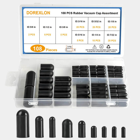 Front view of rubber vacuum cap set, 108 pieces in a clear plastic organizer; black caps in multiple sizes.
