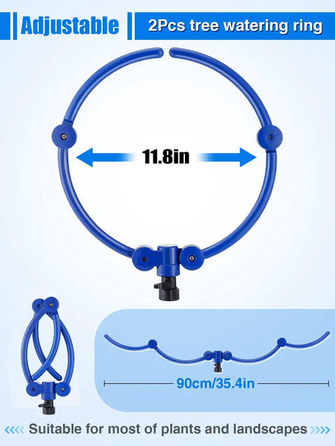 Two Pack 360 Degree Tree Water Sprinkler Ring Kit Adjustable Root Irrigation in blue, 11.8 in diameter, with hose splitter.