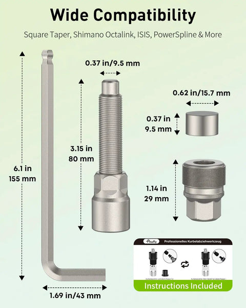 Dimensions of the upgraded bike crank puller kit with wrench for easy crank removal, fits square taper, Shimano, ISIS, and more.