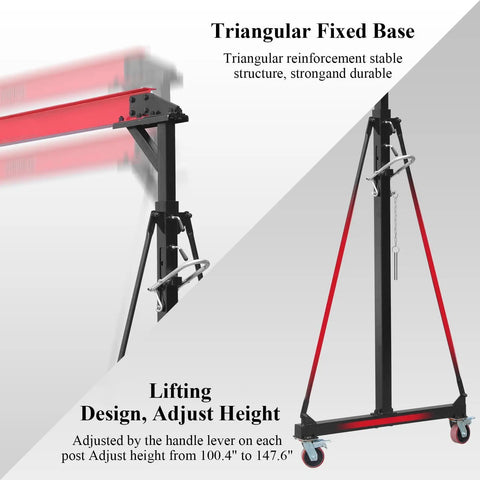 Heavy Duty Adjustable Shop Crane Lift Hoist With 8 To 12 Feet Height 4400 Lbs Capacity Triangular Base For Safe Lifting In Warehouse And Factory Spaces, side and close-up view showing triangular base and adjustable height feature.