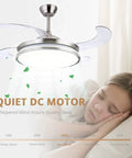 42 Inch Retractable Bladeless LED Ceiling Fan With Remote Control next to sleeping girl, showcasing quiet operation