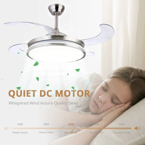 42 Inch Retractable Bladeless LED Ceiling Fan With Remote Control next to sleeping girl, showcasing quiet operation