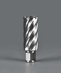 Annular cutter with Weldon shank and spiral flutes, front view, metallic silver.