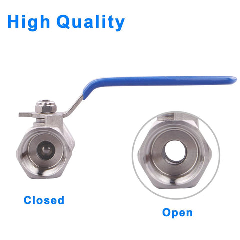 Side view of stainless steel 1/2-inch ball valve with blue lever handle in closed position.