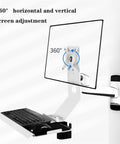 Rock Solid Full Motion Wall Mount Workstation With Adjustable Standing Desk System And Epic Ergonomic Monitor Arm With Keyboard Tray For Savage Home Office Setup Pure Fire, showing 360° adjustable monitor arm and keyboard tray.