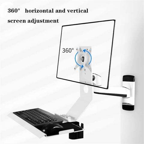 Rock Solid Full Motion Wall Mount Workstation With Adjustable Standing Desk System And Epic Ergonomic Monitor Arm With Keyboard Tray For Savage Home Office Setup Pure Fire, showing 360° adjustable monitor arm and keyboard tray.