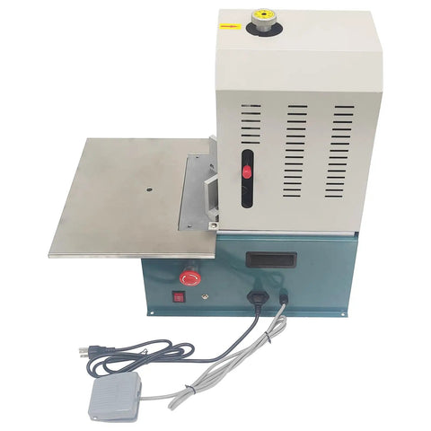 Heavy Duty Electric Corner Rounder With Smooth Foot Pedal And Quick Swap Blades For Paper Vinyl Plastic Film Trimming, side view with power supply.