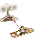 Two Piece Door Top Roller Clips With Screws And Sliding Door Hanger Plate For RVs And Storage Rooms, Compatible With One Quarter Inch To Three Eighths Inch Nuts, Easy Installation, Measures Three Inches Long By One Inch Wide, showing metal rollers and mounting plates.
