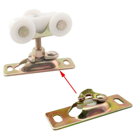 Two Piece Door Top Roller Clips With Screws And Sliding Door Hanger Plate For RVs And Storage Rooms, Compatible With One Quarter Inch To Three Eighths Inch Nuts, Easy Installation, Measures Three Inches Long By One Inch Wide, showing metal rollers and mounting plates.