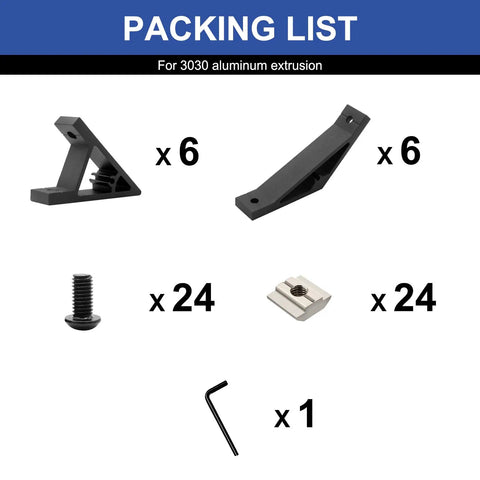 12 Pack 3030 Corner Angle Brackets 45 Degree And 135 Degree For 3030 Aluminum Extrusion T Slot V Slot Connectors With 24 Pcs T Nuts Screws Plus 1 Wrench Black Finish packing list