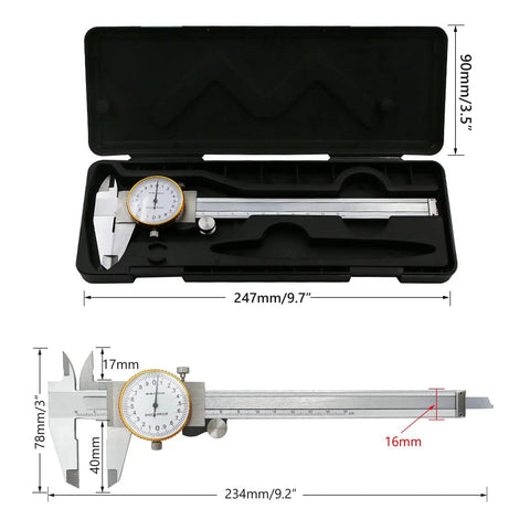 Dial Calipers 15 cm With 0.02 mm Accuracy Stainless Steel Vernier Caliper in protective case, dimensions shown