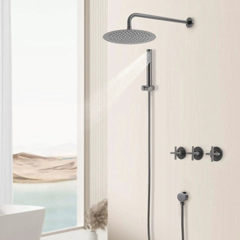 Wall Mounted Shower System 10 Inch Rain Shower Set Stainless Steel with sleek design and water flow in modern bathroom.