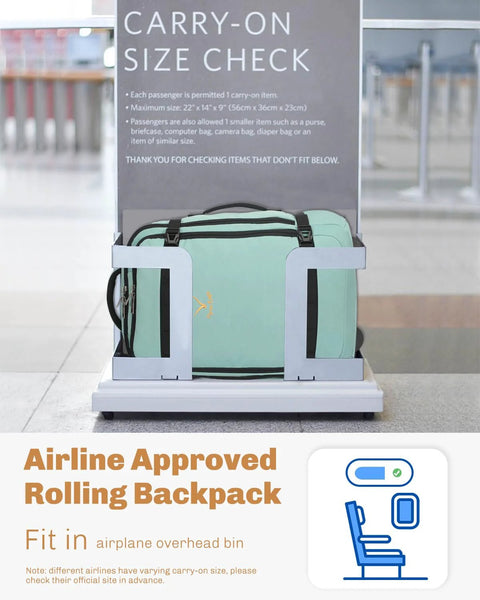Front view of mint green Hynes Eagle rolling backpack 42L with wheels