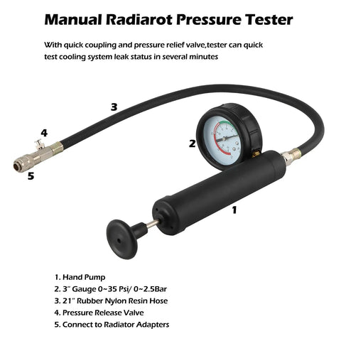 Top Shelf Coolant Pressure Tester Kit With 27 Heavy Duty Adapters, manual pump and gauge for quick radiator system testing.