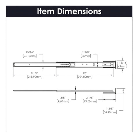 Dimensions of Bottom Centered Drawer Slide Mount For Cabinets And Dressers, Beefy Heavy Duty Center Drawer Track, 14 Inch