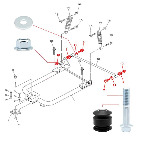 Diagram of Golf Cart Rear Arm Bushing Mounting Kit for Yamaha G16-G29 with bolts and bushings shown