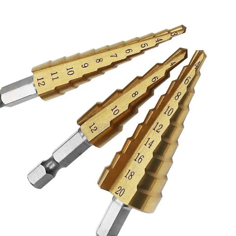 Pro Grade High Speed Steel Titanium Step Drill Bit Set With Quick Change Quarter Inch Hex Shank Short Length For Hole Drilling 4 To 12 Mm And 4 To 20 Mm 3 Piece shown with three bits