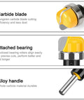 Close-up of Badass 3 Pc Dish Carving Router Bits Set Half Inch Three Quarter Inch Plus One Eighths showing carbide blade and attached bearing.