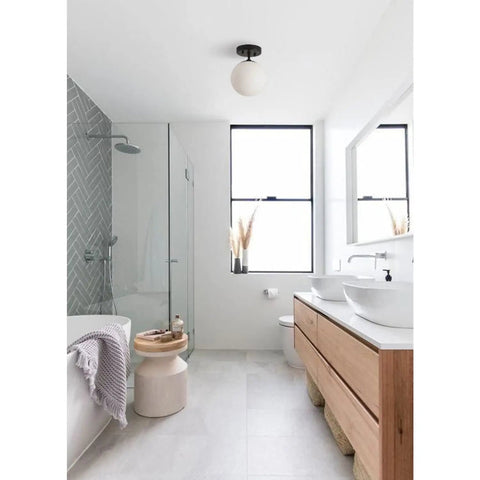 Cool Soft Black Semi Flush Mount Ceiling Light With Frosted Glass Shade in modern bathroom ceiling view