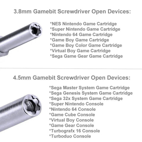 Close-up of Go-To Double End Gamebit Screwdriver Kit with 3.8mm and 4.5mm bits for opening various Nintendo and Sega devices.