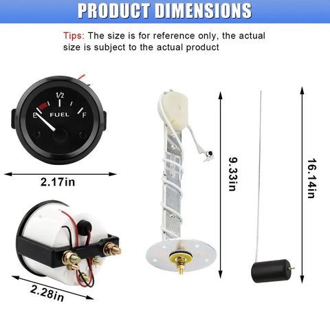 52mm Fuel Sending Unit 12V 240-33 Ohm Level Sensor With LED Backlit Gas Gauge Pointer Universal Auto Fuel Tank Meter For Cars Trucks RVs Boats Motorcycle Durable Corrosion Resistant Sender Built For Gasoline And Diesel, dimensions shown